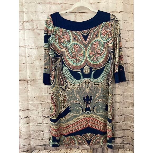 Gilli Dress Womens Medium Shift Navy Blue Paisley Long Sleeve Boat Neck Stretch - Picture 11 of 13